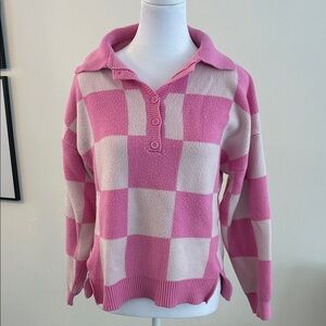 Vici Pink and Cream Checkered V-Neck Sweater